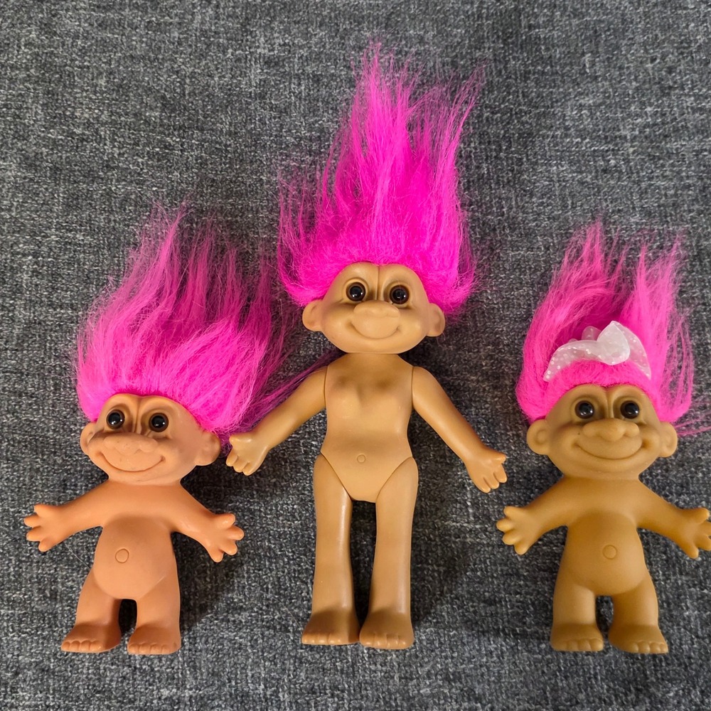 Vintage Russ Berrie Troll Doll Lot 3pc Neon Pink Hair 90s Retro Toys 3" 5"